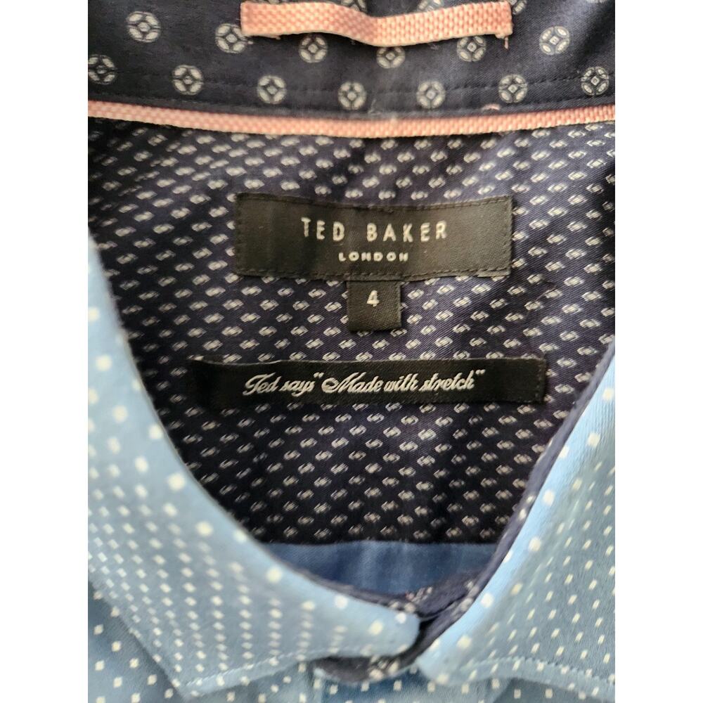 Ted Baker Short Sleeve Blue White Polka Dot Button Up Shirt Stretch Casual Sz 4 - Picture 4 of 8